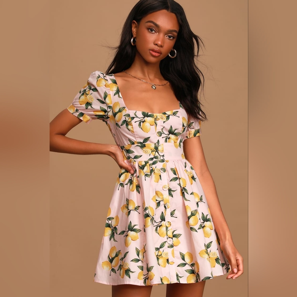 Lulu's Squeeze the Day Light Pink Lemon Print Puff Sleeve Skater Dress